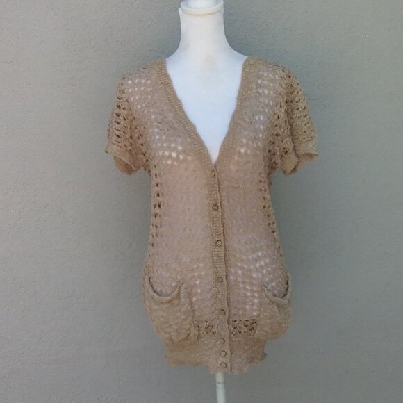Anthropologie Solitaire Women's Preppy Bohemian Open Weave Cardigan Tan Size Med - Picture 1 of 5